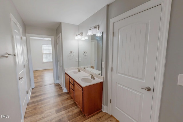 bathroom with double vanity, wood finished floors, and a sink