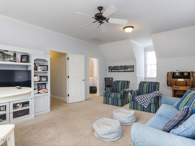 living area with crown molding, a ceiling fan, baseboards, and light carpet