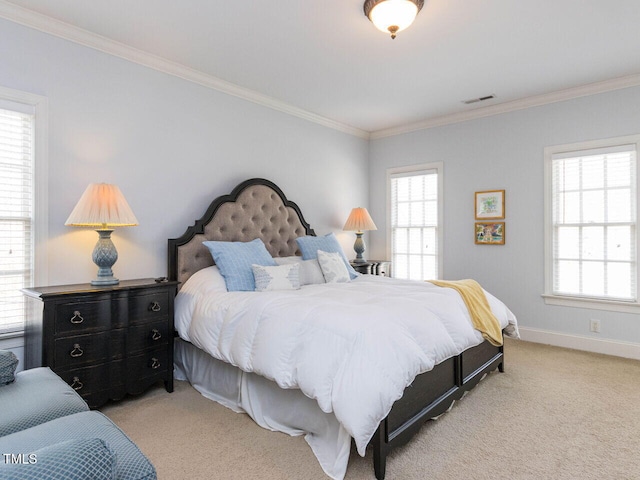 bedroom featuring visible vents, light colored carpet, crown molding, and baseboards