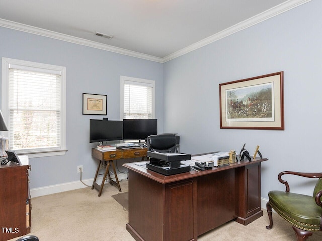 office with baseboards, light colored carpet, visible vents, and ornamental molding