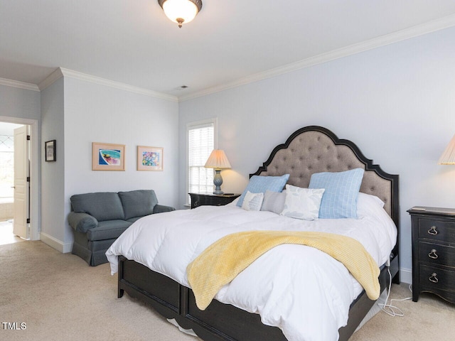 bedroom featuring baseboards, light carpet, and crown molding