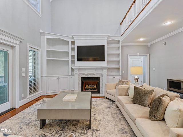 93 Shoreline Dr, Princeton, NC 27569 - living area featuring plenty of natural light, wood finished floors, a high end fireplace, and ornamental molding