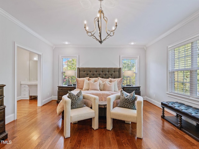 93 Shoreline Dr, Princeton, NC 27569 - bedroom with a notable chandelier, baseboards, light wood-type flooring, and ornamental molding