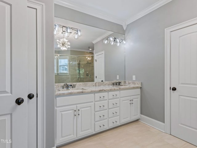 93 Shoreline Dr, Princeton, NC 27569 - full bath with a sink, double vanity, a shower stall, and crown molding