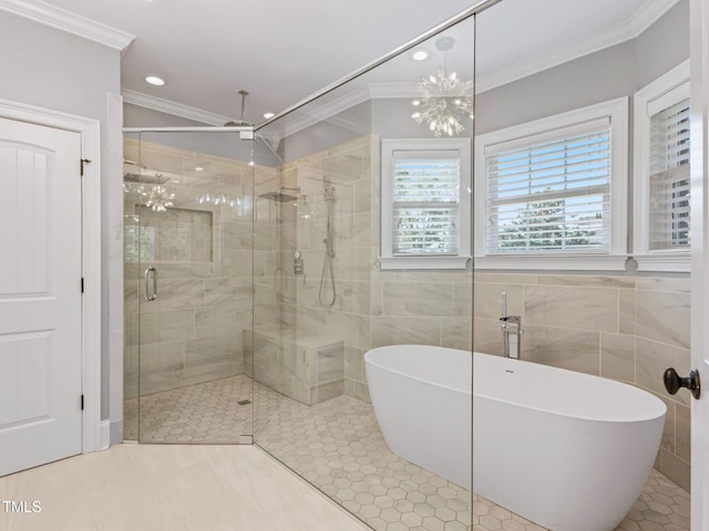 93 Shoreline Dr, Princeton, NC 27569 - full bath with a shower stall, ornamental molding, a freestanding tub, tile patterned floors, and tile walls