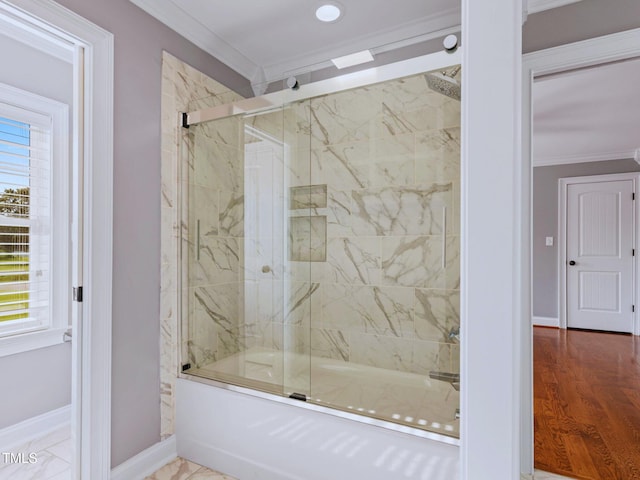 93 Shoreline Dr, Princeton, NC 27569 - bathroom with crown molding, a wealth of natural light, baseboards, and shower / bath combination with glass door