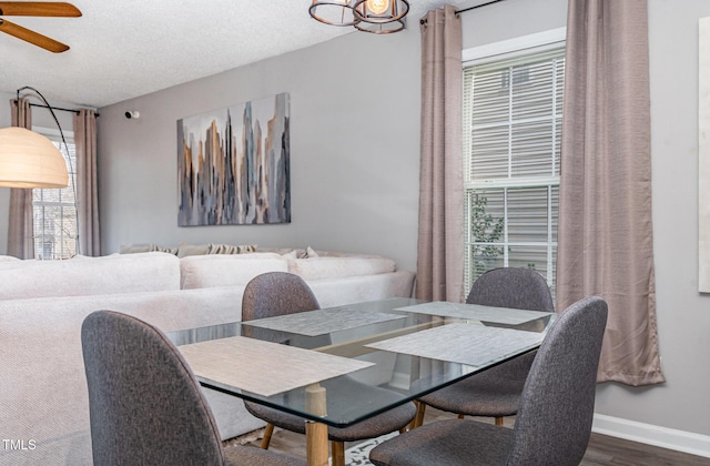 dining room with baseboards, a textured ceiling, wood finished floors, and a ceiling fan