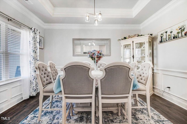 dining area featuring a tray ceiling, a wainscoted wall, and wood finished floors