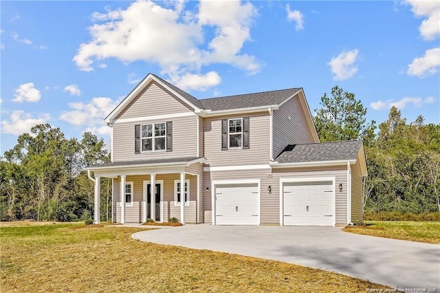 traditional-style home featuring a porch, driveway, and a front lawn