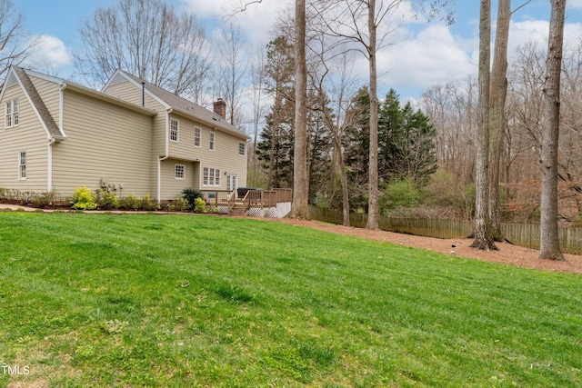 view of yard with a wooden deck and fence