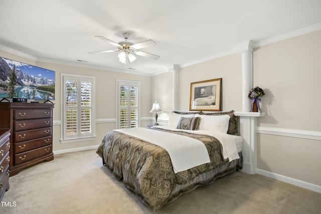 bedroom with light carpet, visible vents, crown molding, and ceiling fan