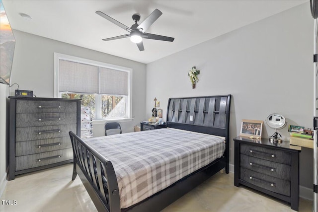 bedroom with concrete flooring and ceiling fan