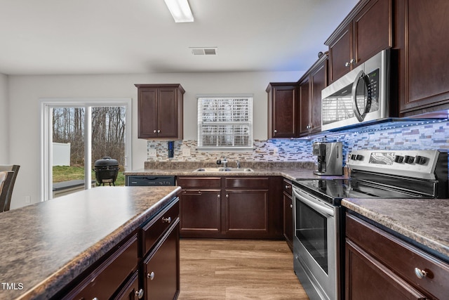 kitchen with visible vents, a sink, dark countertops, appliances with stainless steel finishes, and light wood finished floors