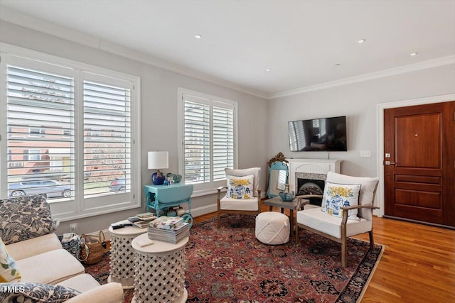 living room featuring a fireplace, crown molding, wood finished floors, and baseboards