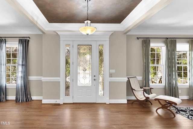 foyer entrance featuring a healthy amount of sunlight, wood finished floors, and crown molding