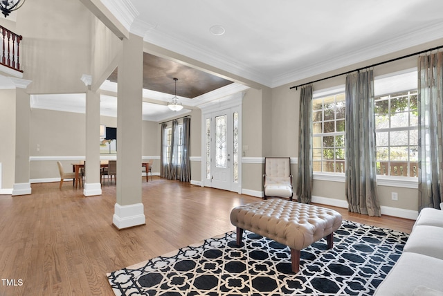 interior space featuring wood finished floors, a healthy amount of sunlight, and ornamental molding