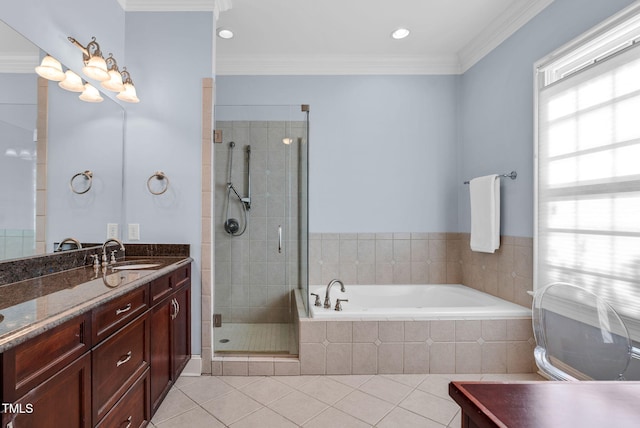 full bath featuring tile patterned flooring, crown molding, and a stall shower