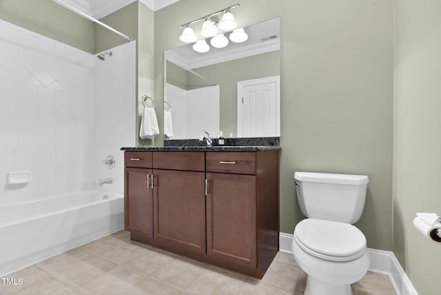 full bath featuring vanity, visible vents, bathing tub / shower combination, crown molding, and toilet