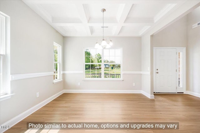 unfurnished dining area with beamed ceiling, a notable chandelier, coffered ceiling, wood finished floors, and baseboards