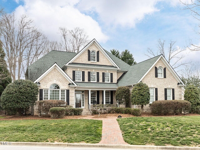 traditional home featuring a front yard, brick siding, and a shingled roof