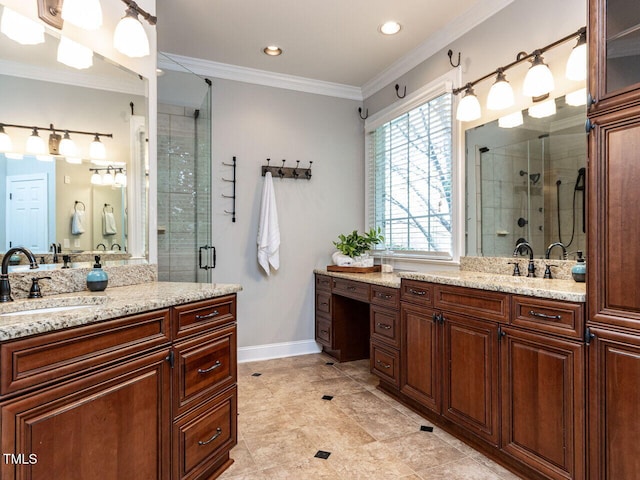 bathroom with a sink, two vanities, a stall shower, and crown molding