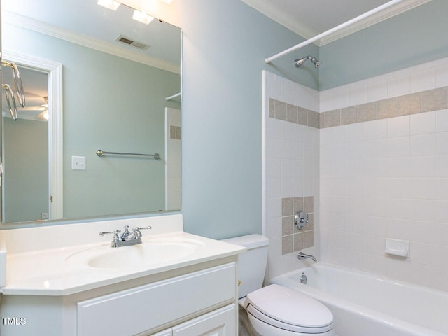 bathroom featuring visible vents, toilet, ornamental molding, bathtub / shower combination, and vanity