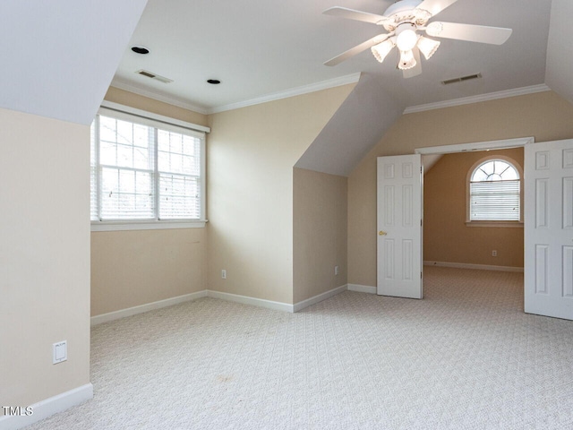 bonus room with a ceiling fan, visible vents, and carpet floors