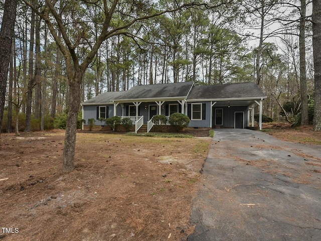 single story home with crawl space, a carport, a porch, and driveway