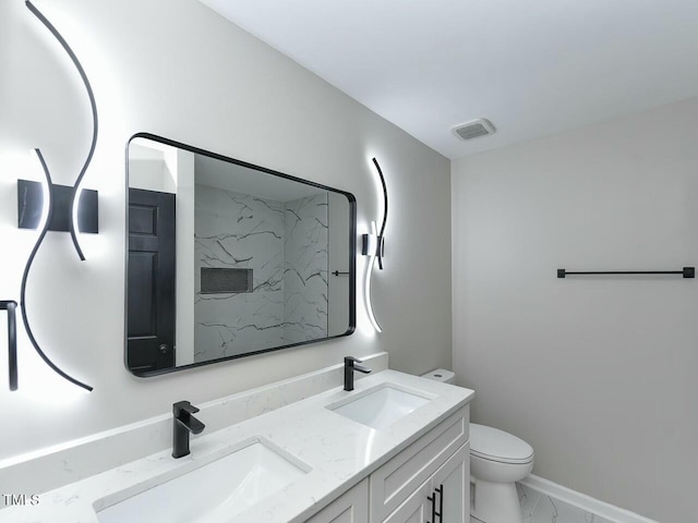 full bathroom with visible vents, marble finish floor, toilet, and a sink