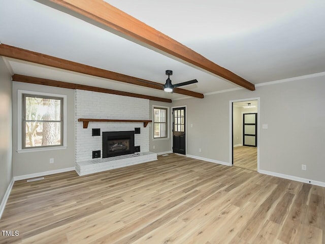 unfurnished living room featuring a ceiling fan, baseboards, visible vents, beam ceiling, and light wood-style flooring