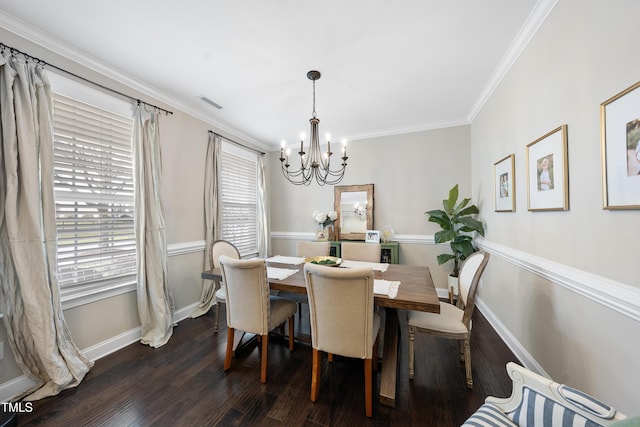 dining room with crown molding, baseboards, visible vents, and dark wood-style flooring