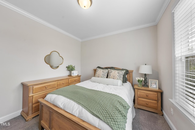 bedroom with carpet flooring, baseboards, and ornamental molding