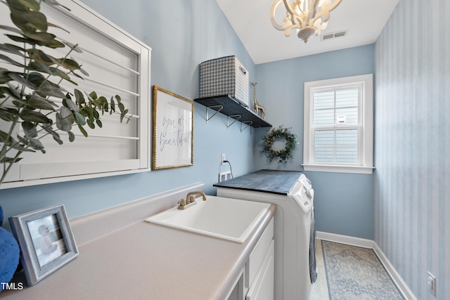 laundry room with independent washer and dryer, laundry area, visible vents, and a sink