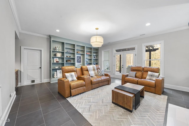 tiled living room with recessed lighting, french doors, baseboards, and ornamental molding