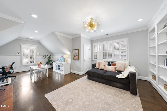 interior space with recessed lighting, ornamental molding, lofted ceiling, and wood finished floors