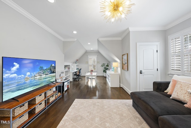 living area featuring a notable chandelier, wood finished floors, recessed lighting, and ornamental molding