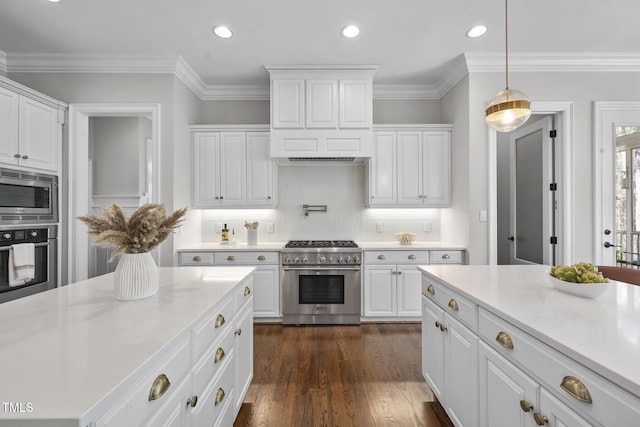 kitchen with dark wood-type flooring, appliances with stainless steel finishes, white cabinets, and light countertops