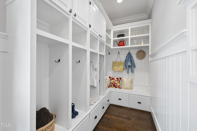 mudroom with dark wood-style floors and ornamental molding