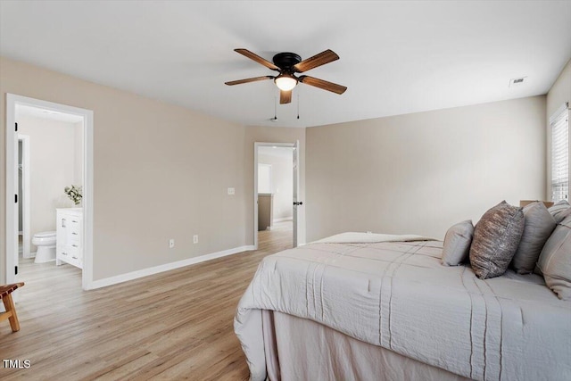 bedroom with visible vents, ceiling fan, baseboards, light wood-type flooring, and ensuite bathroom