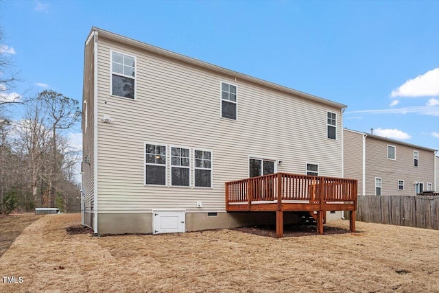 back of property featuring crawl space, fence, and a wooden deck