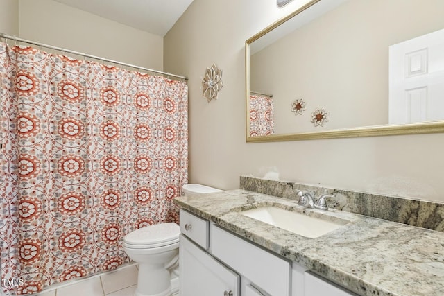 bathroom with vanity, tile patterned floors, toilet, and a shower with shower curtain