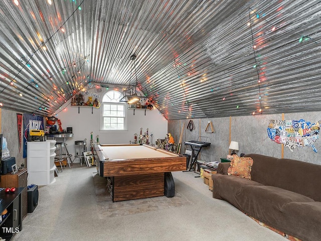 506 Wildwood Ln, Graham, NC 27253 - playroom with billiards table, lofted ceiling, and carpet flooring