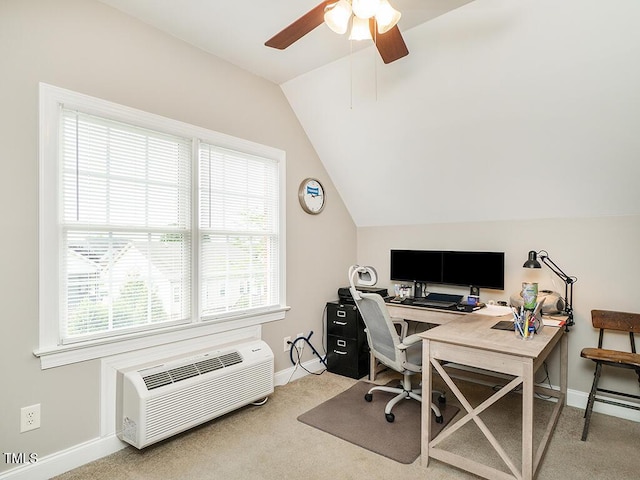506 Wildwood Ln, Graham, NC 27253 - office with vaulted ceiling, baseboards, carpet flooring, ceiling fan, and a wall mounted air conditioner