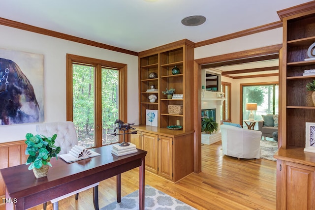 office featuring crown molding, a fireplace, and light wood-type flooring