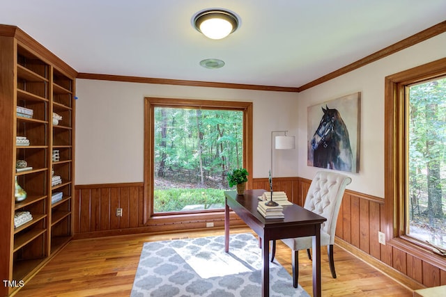 home office with wainscoting, crown molding, and light wood-style floors