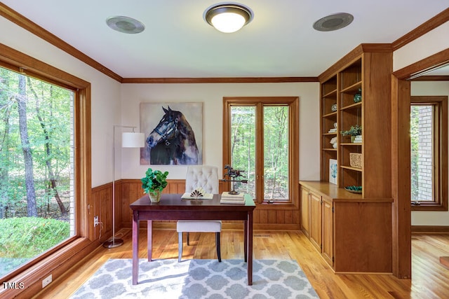 home office featuring a wainscoted wall, plenty of natural light, light wood-style floors, and ornamental molding