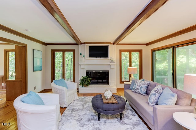 living room with a glass covered fireplace, beamed ceiling, wood finished floors, and crown molding