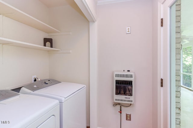 laundry area with heating unit, laundry area, and washing machine and clothes dryer