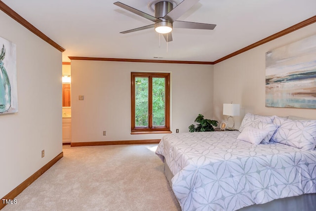 bedroom with baseboards, light carpet, ceiling fan, and crown molding