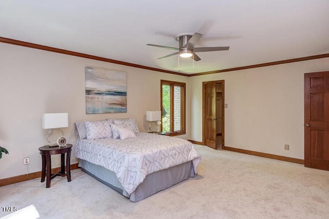 bedroom with light carpet, a ceiling fan, crown molding, and baseboards